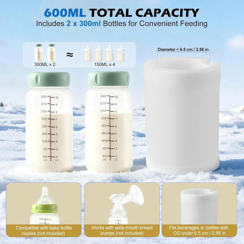 Tragbarer Muttermilchkühler 1,5L mit 2x300ml Muttermilchaufbewahrungsflaschen, 360° Gesamtkühlung Ba