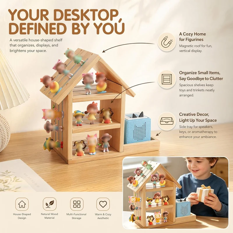 Haus-Form Regal für Tonie, Holz Wandregal Geeignet für TonieBox 1 und TonieBox 2, Magnetisches Regal