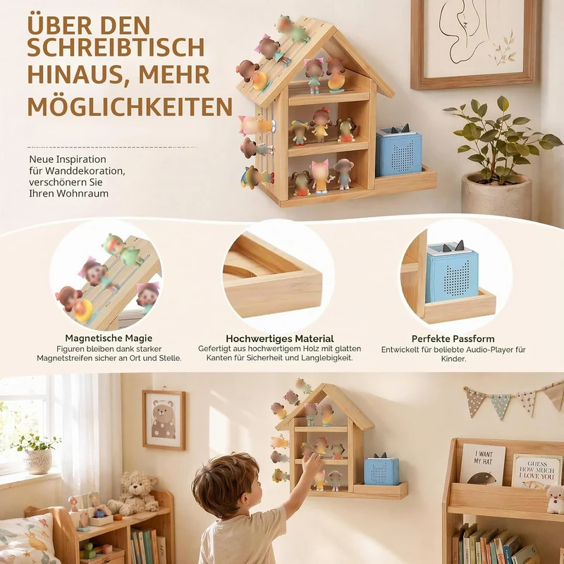 Haus-Form Regal für Tonie, Holz Wandregal Geeignet für TonieBox 1 und TonieBox 2, Magnetisches Regal