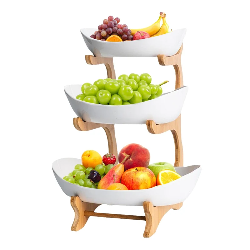 Etagere 3 Etagen mit Obstschale, Mehrstöckiger Obstkorb für Küche, Moderne Obst Etagere Holz, Frucht