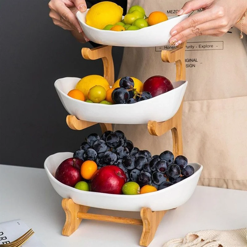 Etagere 3 Etagen mit Obstschale, Mehrstöckiger Obstkorb für Küche, Moderne Obst Etagere Holz, Frucht