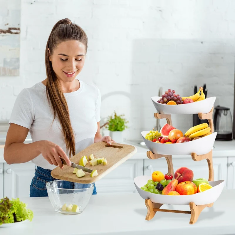 Etagere 3 Etagen mit Obstschale, Mehrstöckiger Obstkorb für Küche, Moderne Obst Etagere Holz, Frucht