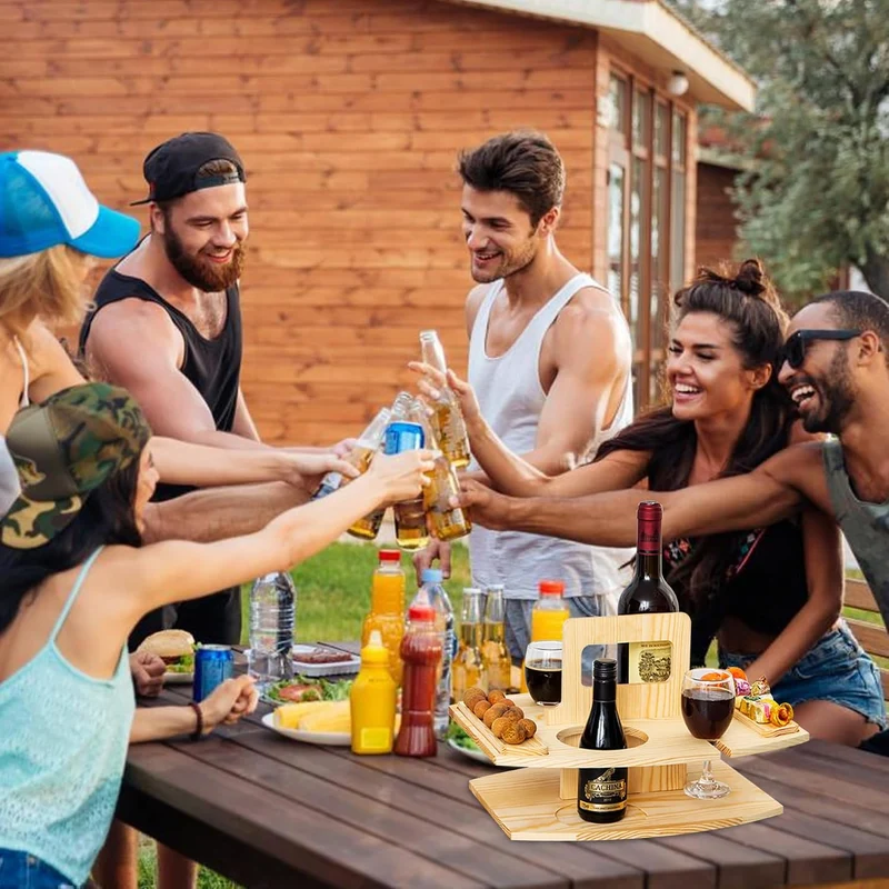 Tragbarer Picknicktisch, Picknicktisch aus Holz, abnehmbarer Weintisch mit 2 Glashaltern und Snackta