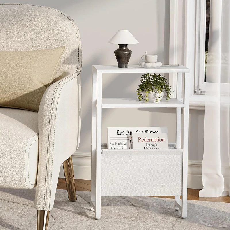 Konsolentisch Schmal 3 Ablagen Schmaler Nachttisch Weiss Sideboard Sofatisch mit Stauraum Beistellti