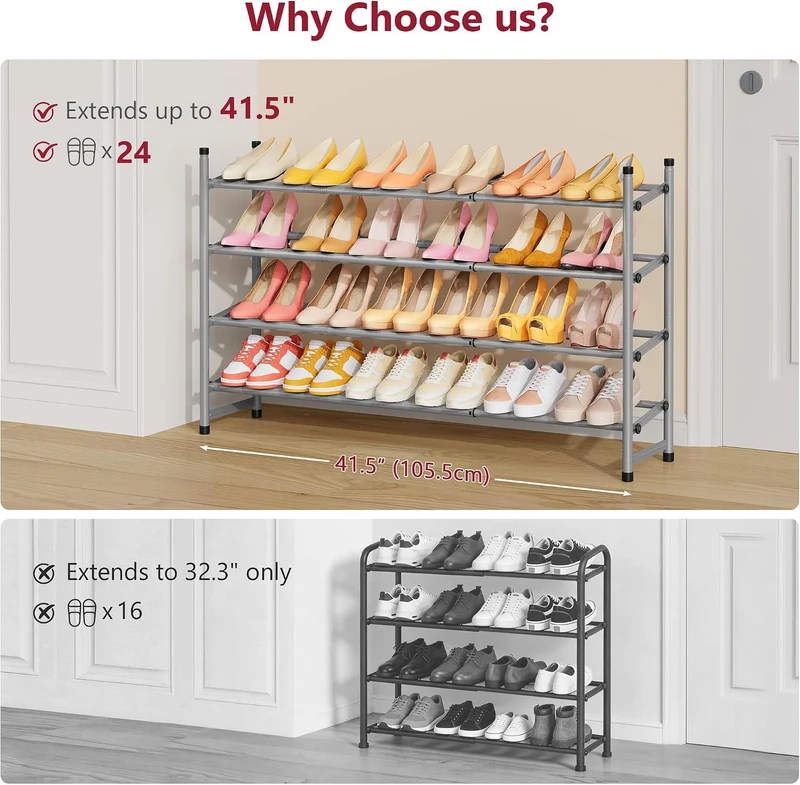 Tajsoon Schuhregal 4 Ebenen, 74–104 cm verstellbar & stapelbar, für Eingang, Kleiderschrank, Garage,