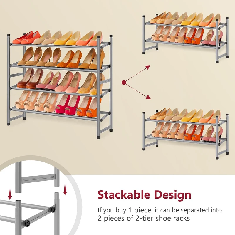 Tajsoon Schuhregal 4 Ebenen, 74–104 cm verstellbar & stapelbar, für Eingang, Kleiderschrank, Garage,