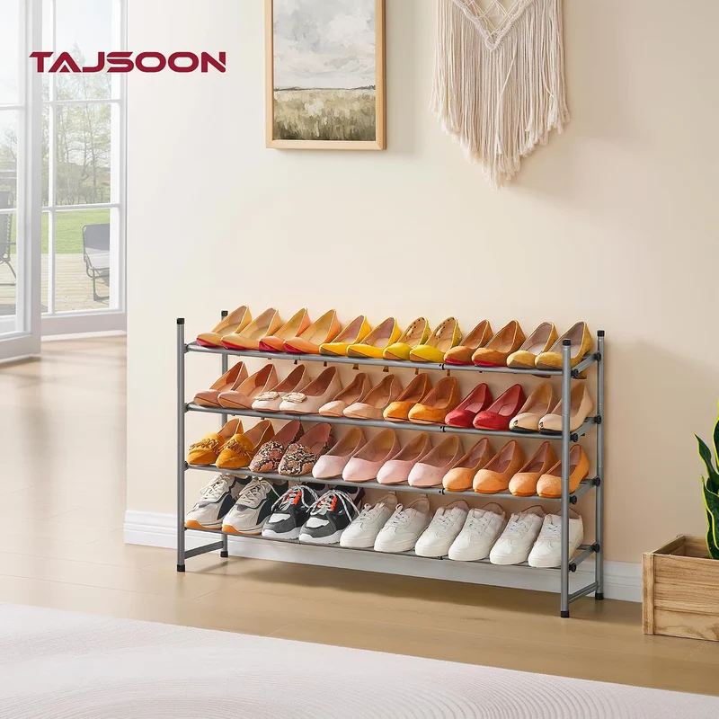 Tajsoon Schuhregal 4 Ebenen, 74–104 cm verstellbar & stapelbar, für Eingang, Kleiderschrank, Garage,