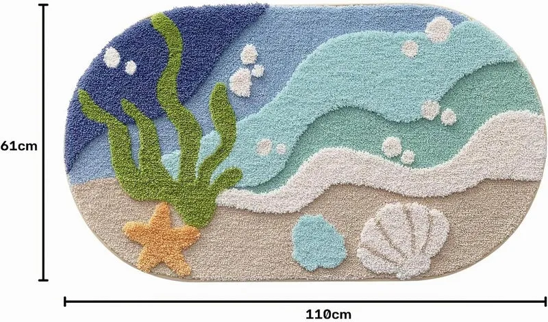 DEXI Ovale Badezimmerteppich 61 x 110 cm, Badematte rutschfest Absorbierende mit Seestern-Strand Mus