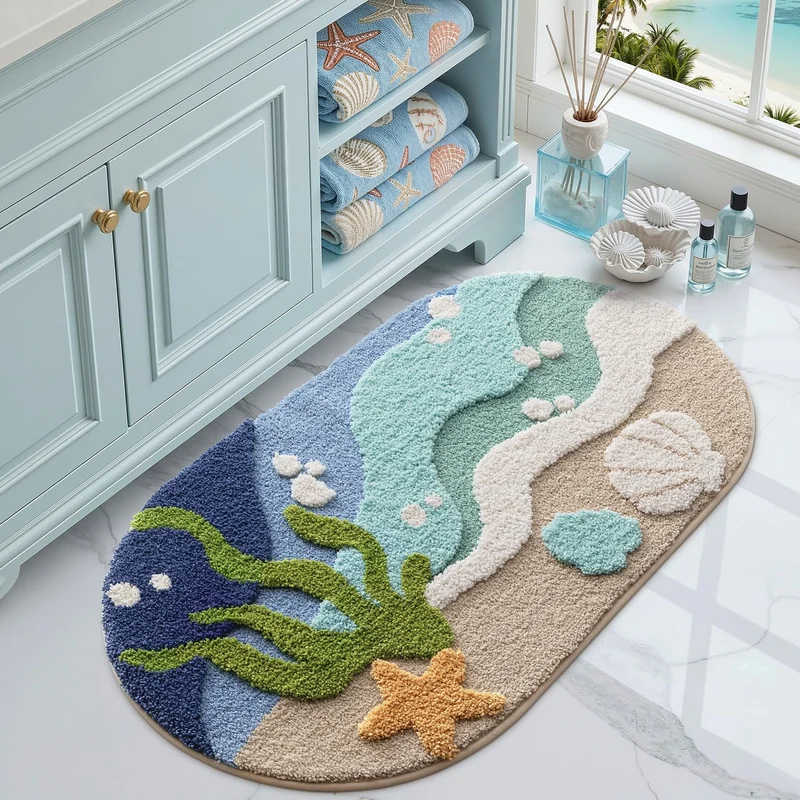 DEXI Ovale Badezimmerteppich 61 x 110 cm, Badematte rutschfest Absorbierende mit Seestern-Strand Mus