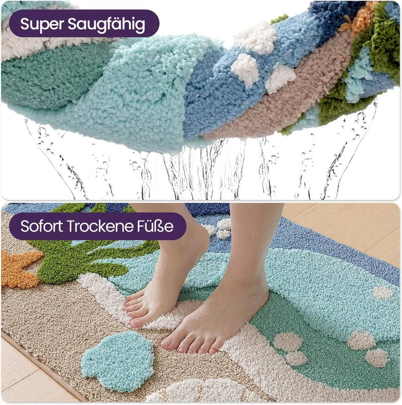 DEXI Ovale Badezimmerteppich 61 x 110 cm, Badematte rutschfest Absorbierende mit Seestern-Strand Mus