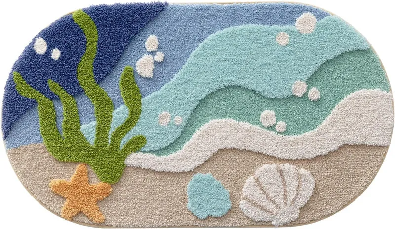 DEXI Ovale Badezimmerteppich 61 x 110 cm, Badematte rutschfest Absorbierende mit Seestern-Strand Mus