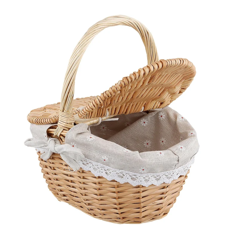 Picknickkorb mit Deckel und Henkel Weide, 26x18x15cm Geflochten Aufbewahrungskorb Weidenkorb Rund, G