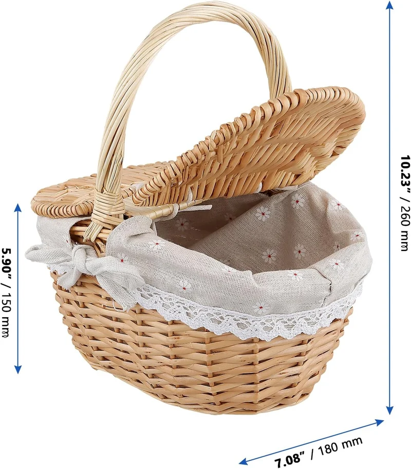 Picknickkorb mit Deckel und Henkel Weide, 26x18x15cm Geflochten Aufbewahrungskorb Weidenkorb Rund, G