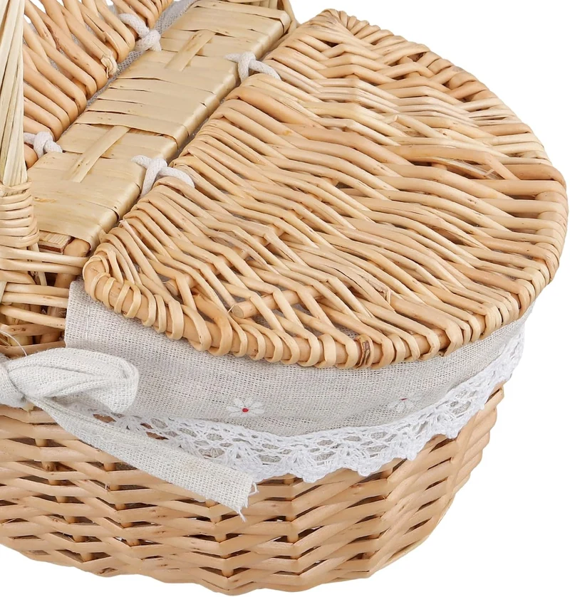 Picknickkorb mit Deckel und Henkel Weide, 26x18x15cm Geflochten Aufbewahrungskorb Weidenkorb Rund, G