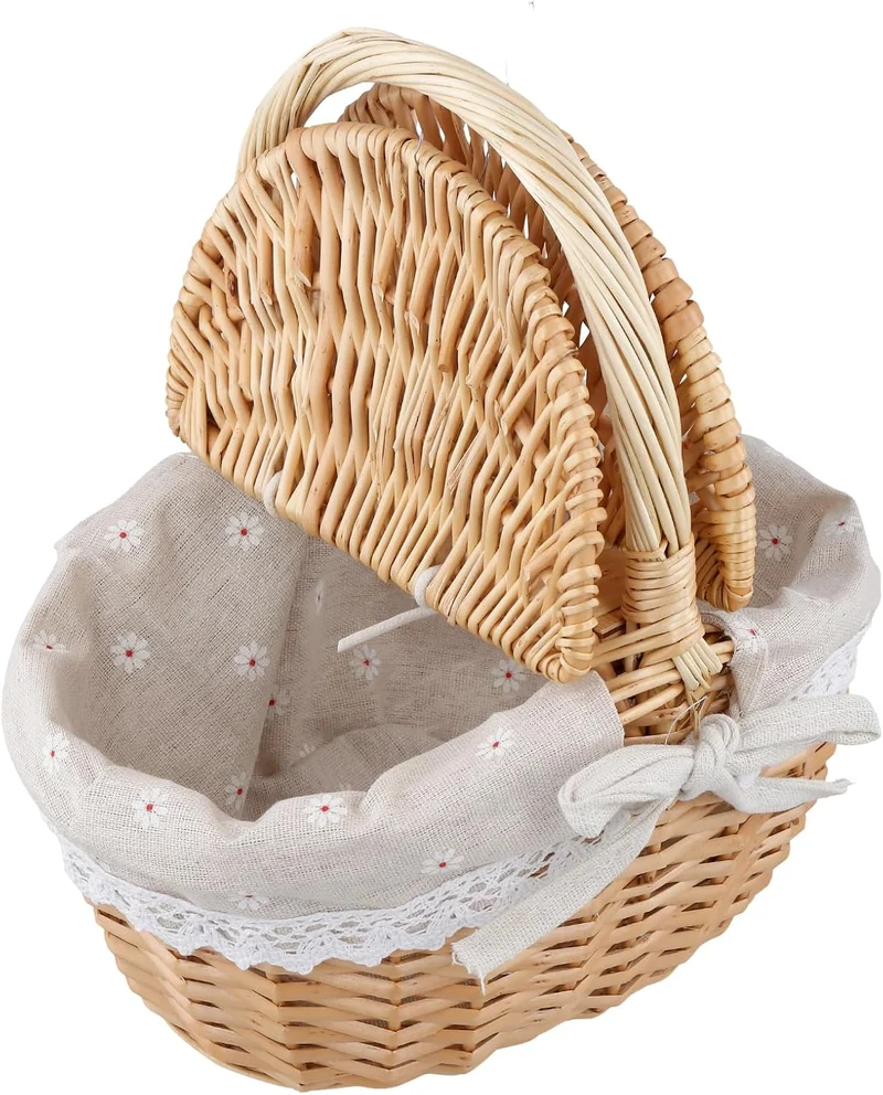 Picknickkorb mit Deckel und Henkel Weide, 26x18x15cm Geflochten Aufbewahrungskorb Weidenkorb Rund, G