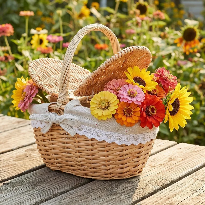 Picknickkorb mit Deckel und Henkel Weide, 26x18x15cm Geflochten Aufbewahrungskorb Weidenkorb Rund, G