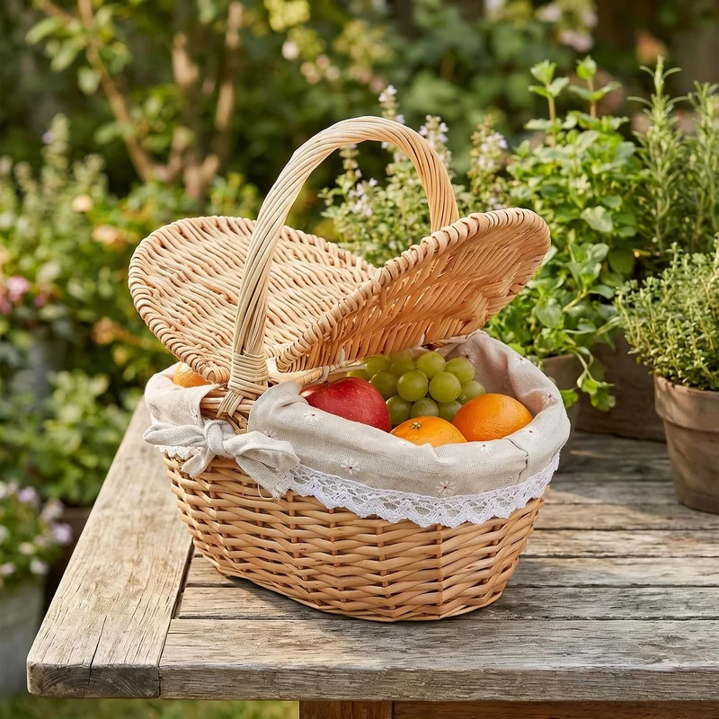 Picknickkorb mit Deckel und Henkel Weide, 26x18x15cm Geflochten Aufbewahrungskorb Weidenkorb Rund, G