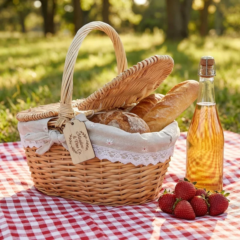 Picknickkorb mit Deckel und Henkel Weide, 26x18x15cm Geflochten Aufbewahrungskorb Weidenkorb Rund, G