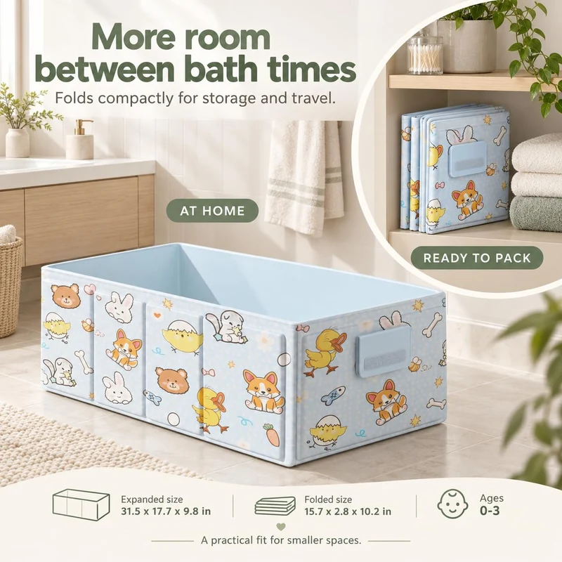 Babybadewanne Faltbar, Tragbare Baby Badewanne für Neugeborene und Kleinkinder 0–3 Jahre, Platzspare
