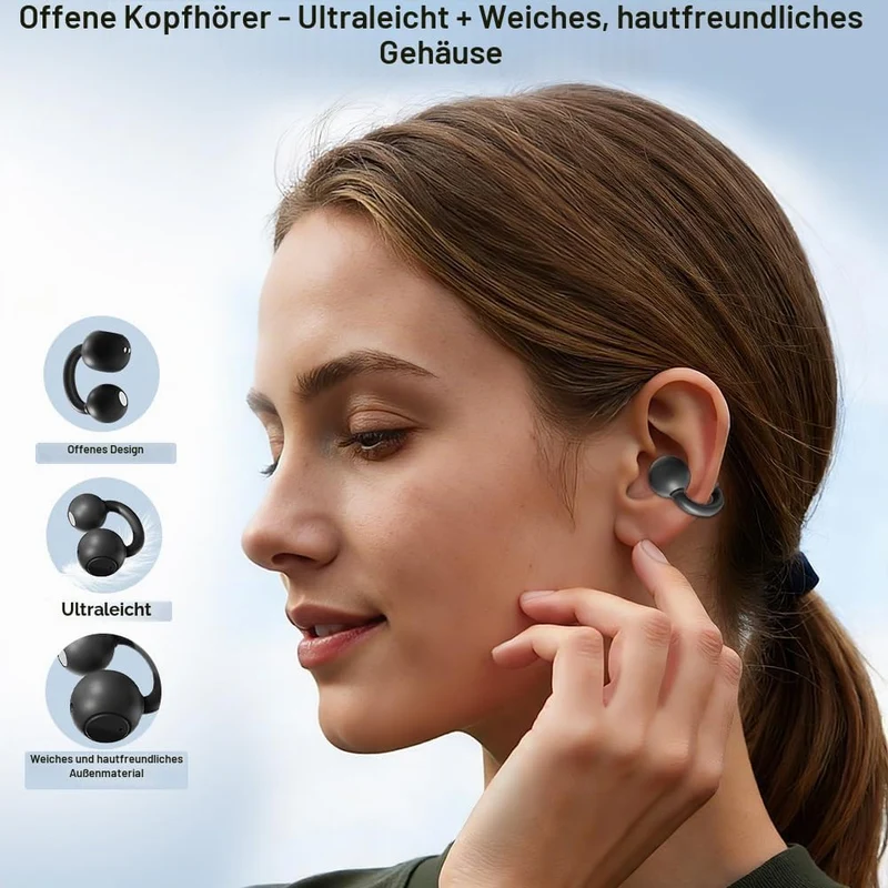 Open Ear Kopfhörer, Clip On Earbuds Kabellos Bluetooth 5.4, 48H Spielzeit, Komfortabler Sitz, Sport-