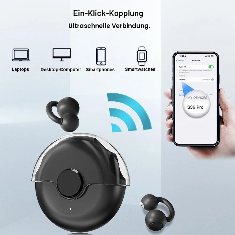 Open Ear Kopfhörer, Clip On Earbuds Kabellos Bluetooth 5.4, 48H Spielzeit, Komfortabler Sitz, Sport-
