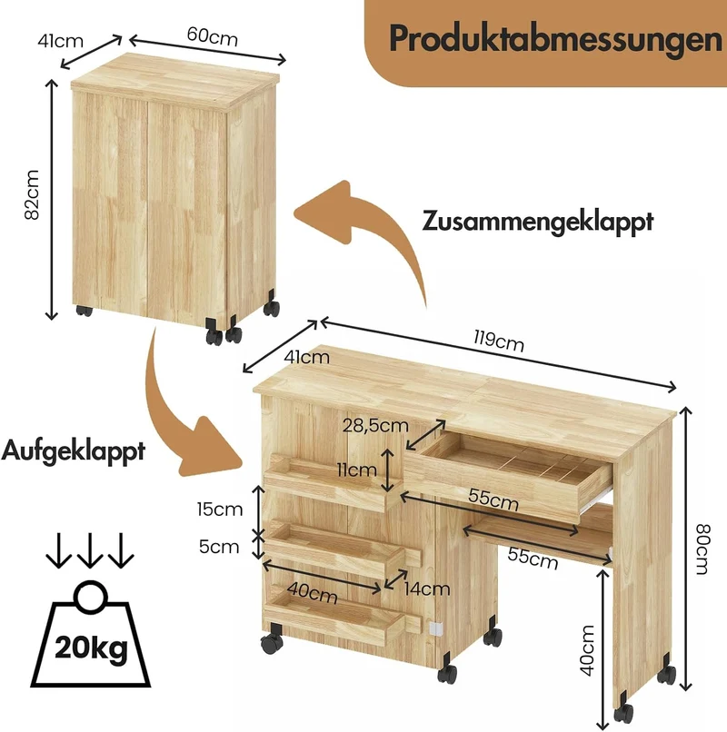 Nähtisch Klappbar & 2-in-1 Nähmaschinentisch – Mobiler Nähmaschinenschrank mit Rollen, 4 Ablagefäche