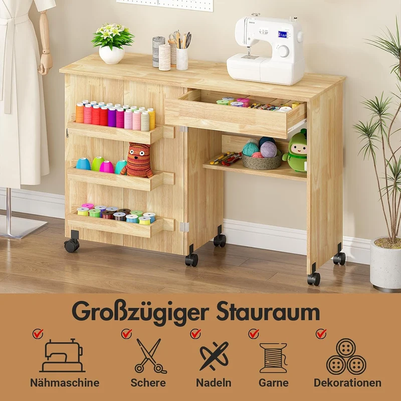 Nähtisch Klappbar & 2-in-1 Nähmaschinentisch – Mobiler Nähmaschinenschrank mit Rollen, 4 Ablagefäche