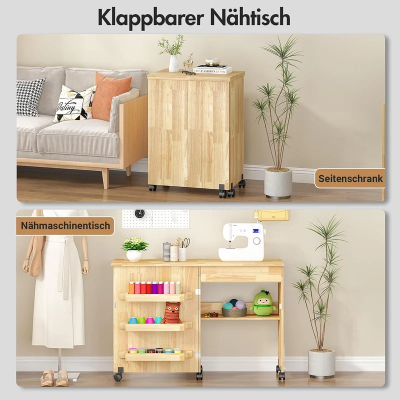 Nähtisch Klappbar & 2-in-1 Nähmaschinentisch – Mobiler Nähmaschinenschrank mit Rollen, 4 Ablagefäche