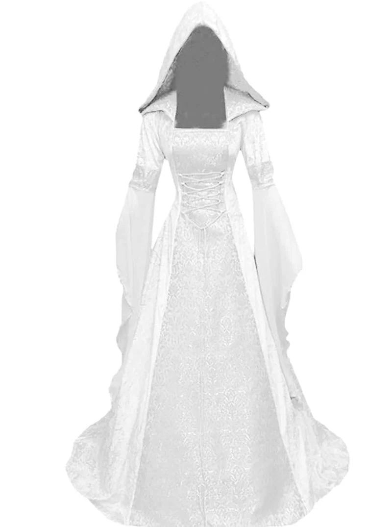 Damen Gothic Kleid mit Kapuze, Mittelalter Renaissance Halloween Kostüm Weiss M, Weiss M
