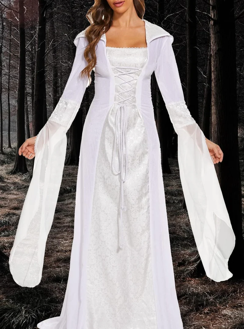 Damen Gothic Kleid mit Kapuze, Mittelalter Renaissance Halloween Kostüm Weiss M, Weiss M
