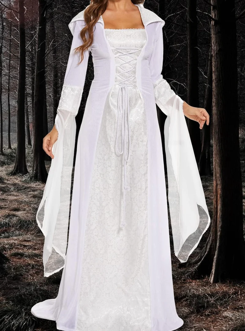 Damen Gothic Kleid mit Kapuze, Mittelalter Renaissance Halloween Kostüm Weiss M, Weiss M