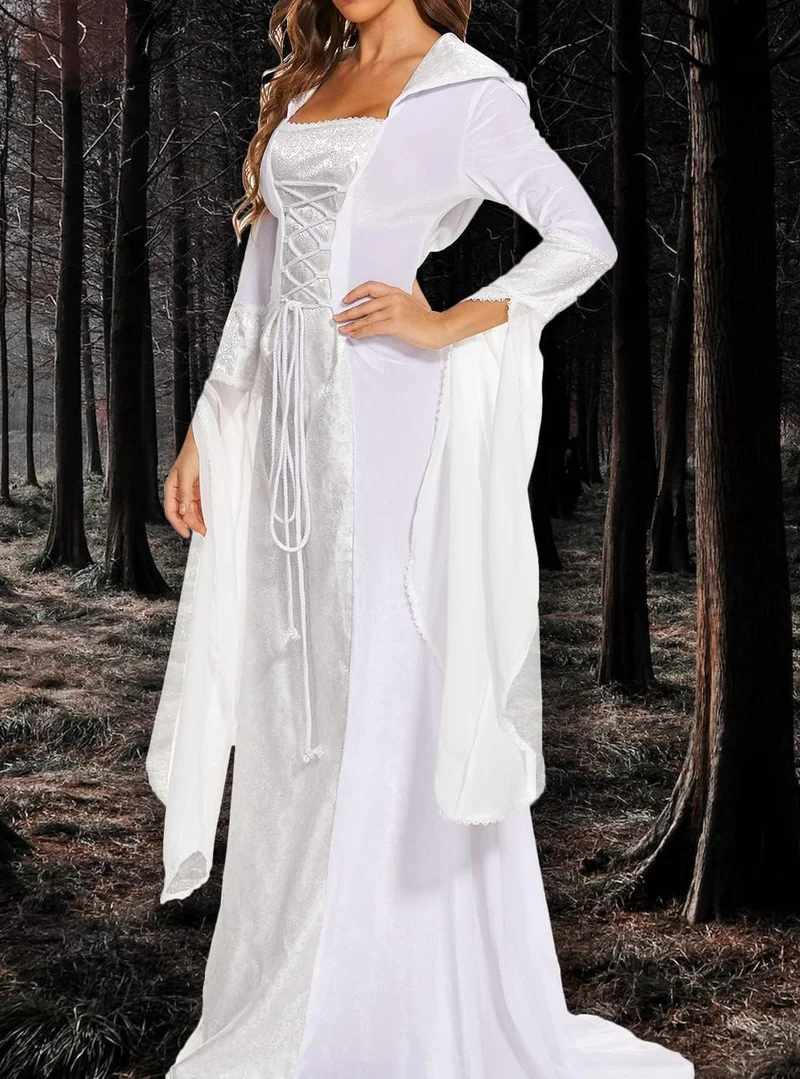 Damen Gothic Kleid mit Kapuze, Mittelalter Renaissance Halloween Kostüm Weiss M, Weiss M