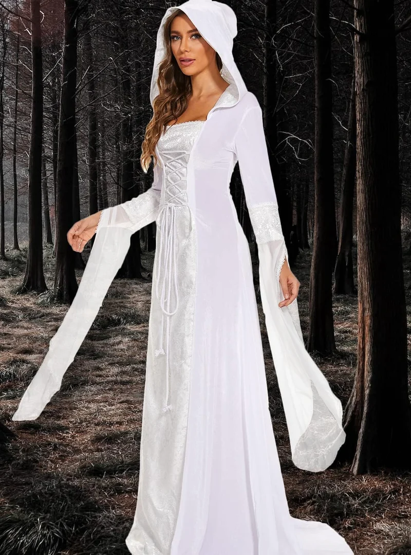 Damen Gothic Kleid mit Kapuze, Mittelalter Renaissance Halloween Kostüm Weiss M, Weiss M