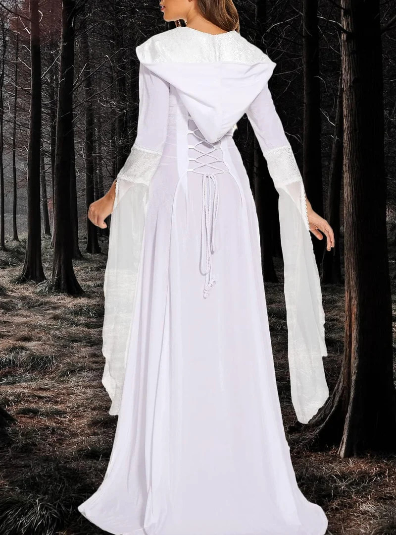 Damen Gothic Kleid mit Kapuze, Mittelalter Renaissance Halloween Kostüm Weiss M, Weiss M