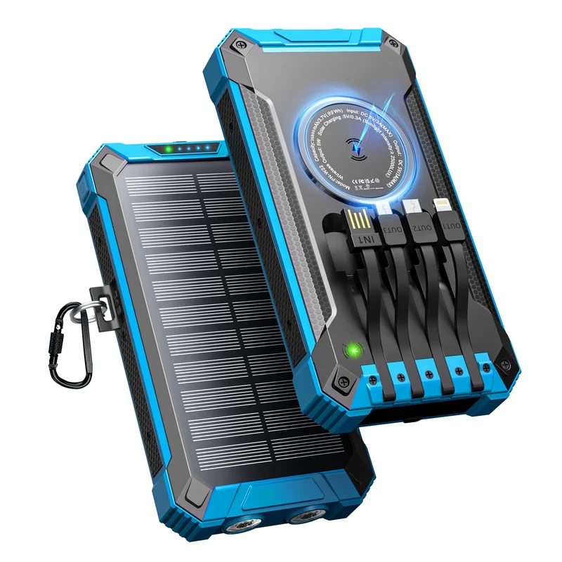 Wireless Solar Powerbank 26800mAh mit 4 Kabel, 15W Schnellladung für Handy Blau, Blau
