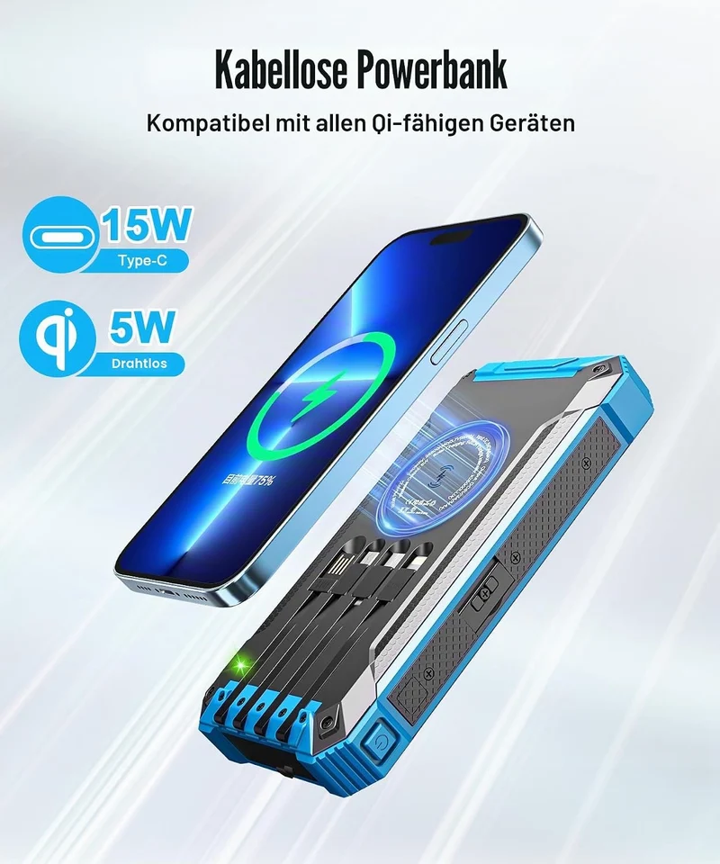 Wireless Solar Powerbank 26800mAh mit 4 Kabel, 15W Schnellladung für Handy Blau, Blau