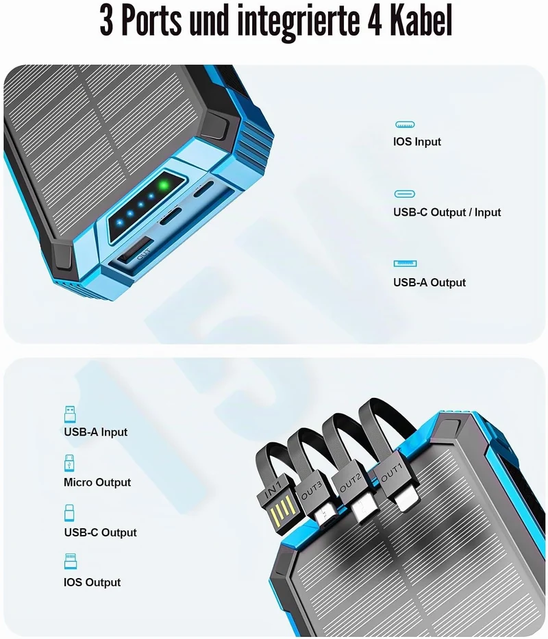 Wireless Solar Powerbank 26800mAh mit 4 Kabel, 15W Schnellladung für Handy Blau, Blau