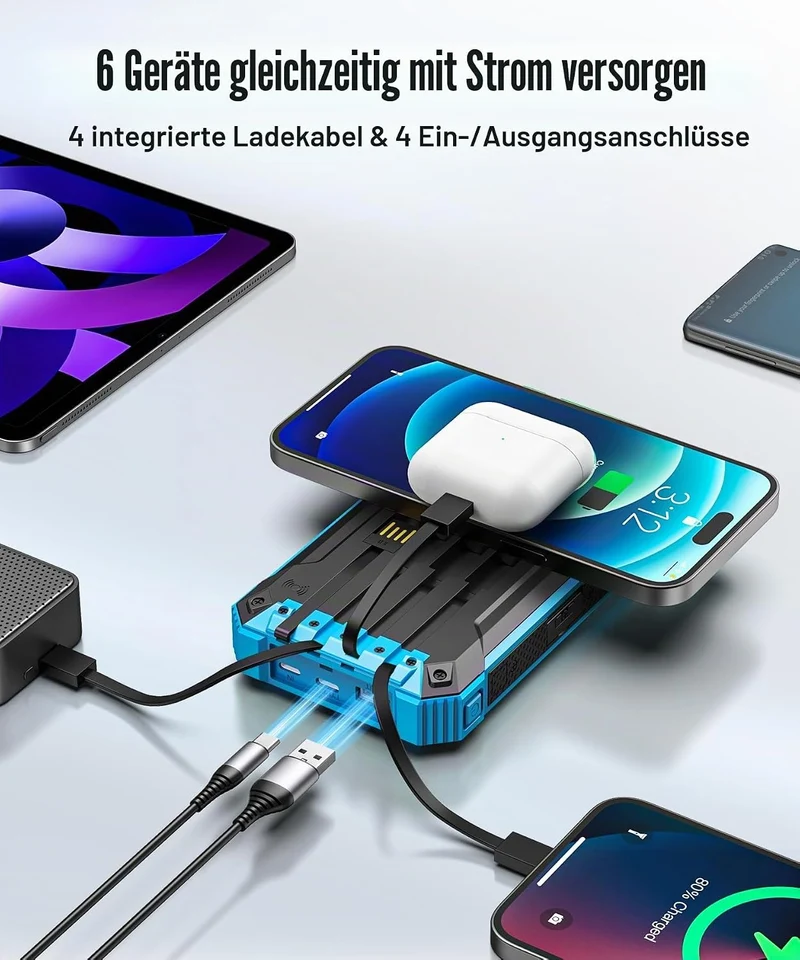Wireless Solar Powerbank 26800mAh mit 4 Kabel, 15W Schnellladung für Handy Blau, Blau