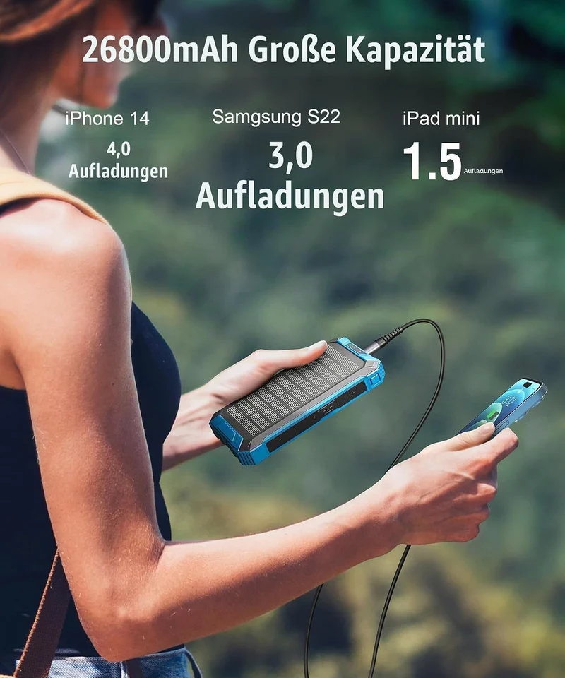 Wireless Solar Powerbank 26800mAh mit 4 Kabel, 15W Schnellladung für Handy Blau, Blau