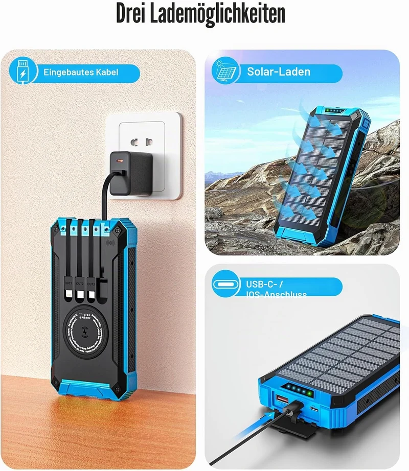 Wireless Solar Powerbank 26800mAh mit 4 Kabel, 15W Schnellladung für Handy Blau, Blau