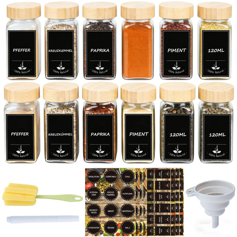 Verdego Gewürzgläser Eckig (12x 120ml), Gewürzdosen mit Holzdeckel, Trichter, Etiketten und Stift, G