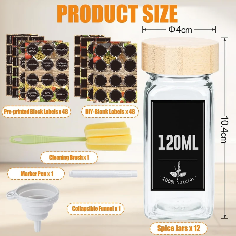 Verdego Gewürzgläser Eckig (12x 120ml), Gewürzdosen mit Holzdeckel, Trichter, Etiketten und Stift, G