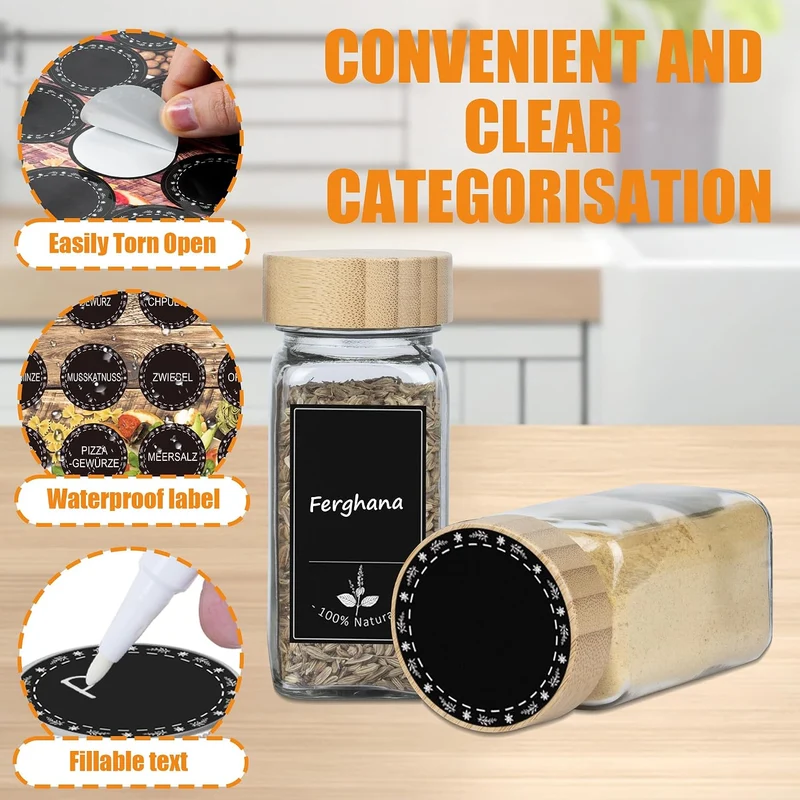 Verdego Gewürzgläser Eckig (12x 120ml), Gewürzdosen mit Holzdeckel, Trichter, Etiketten und Stift, G
