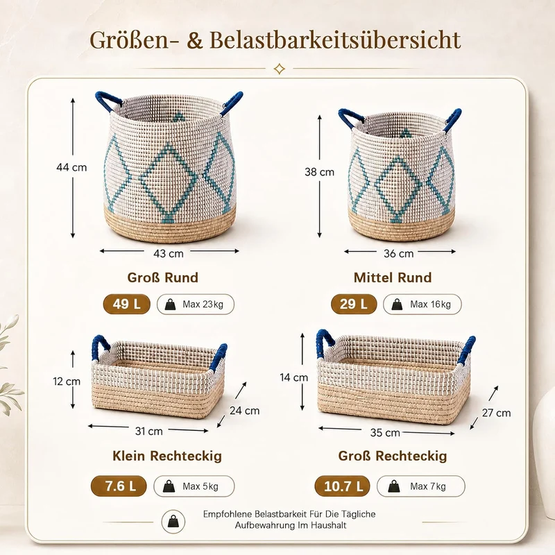 4 Stk Korb Geflochten und Boxen Set für Verschiedene Aufbewahrung,Handgefertigt Gross 49L+29L,Wäsche