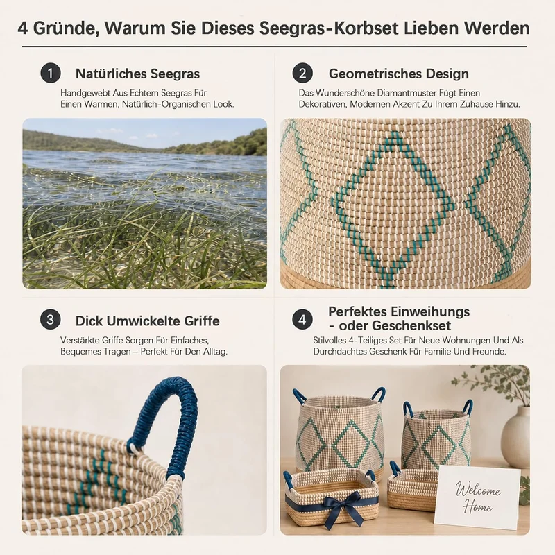 4 Stk Korb Geflochten und Boxen Set für Verschiedene Aufbewahrung,Handgefertigt Gross 49L+29L,Wäsche