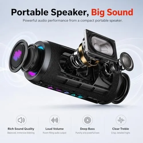 TIMU Bluetooth Lautsprecher mit Licht, Bluetooth 5.4 Musikbox, 25W Dual Lautsprecher, Dualen Bass-Tr