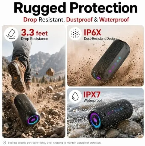 TIMU Bluetooth Lautsprecher mit Licht, Bluetooth 5.4 Musikbox, 25W Dual Lautsprecher, Dualen Bass-Tr