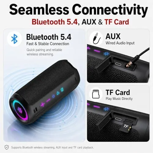 TIMU Bluetooth Lautsprecher mit Licht, Bluetooth 5.4 Musikbox, 25W Dual Lautsprecher, Dualen Bass-Tr