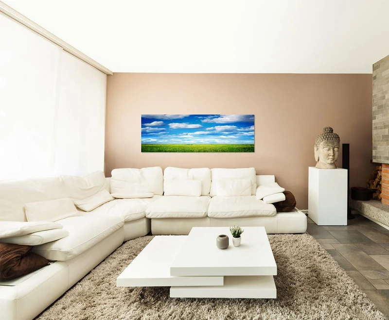 Paul Sinus Art Panoramabild auf Leinwand und Keilrahmen 120x40cm Feld Wiese Sommer Himmel Wolken