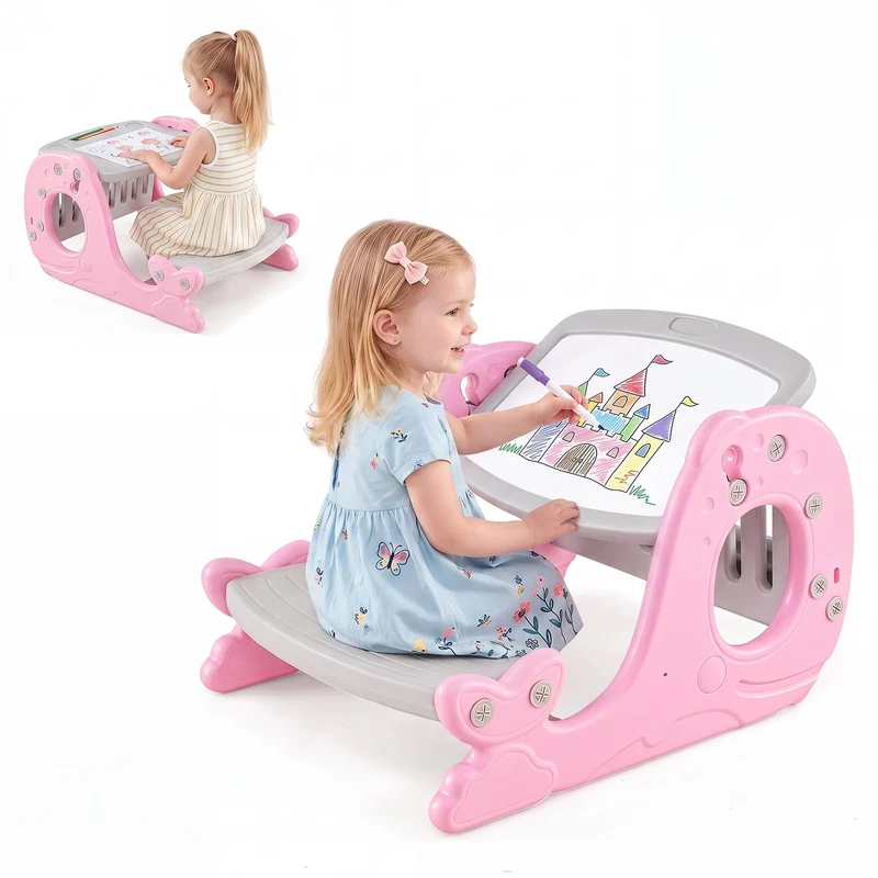 HOMASIS 4-in-1 Convertible Aktivitätentisch mit Bank (Rosa), Rosa